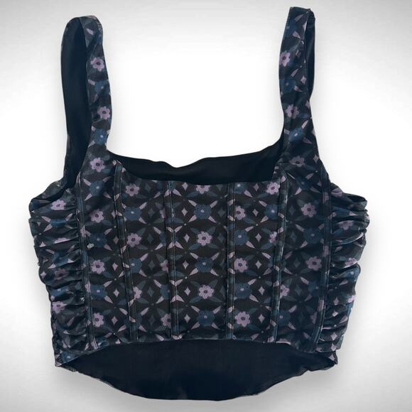 Free People XL Galaxy Square Neck Corset Crop Top Blue Purple Floral Mesh Side - Picture 5 of 10
